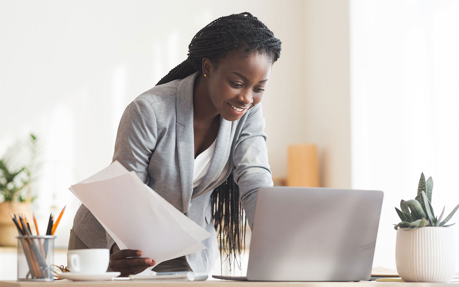 Woman looking at a book in a library