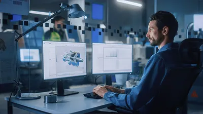 Man working while looking at double monitor screen