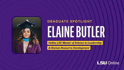 Graphic with image of Elaine Butler, MS in Leadership and Human Resource Development Graduate