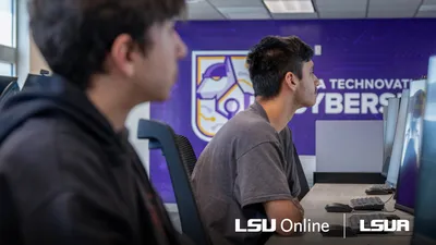 Two men looking at computer screens LSU Online