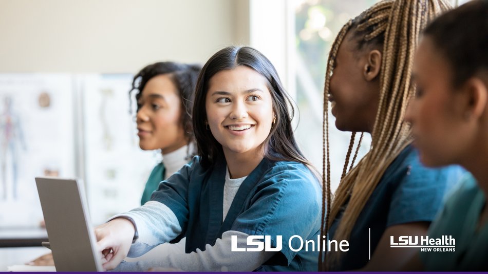 Nurse education students discussing studies on a laptop
