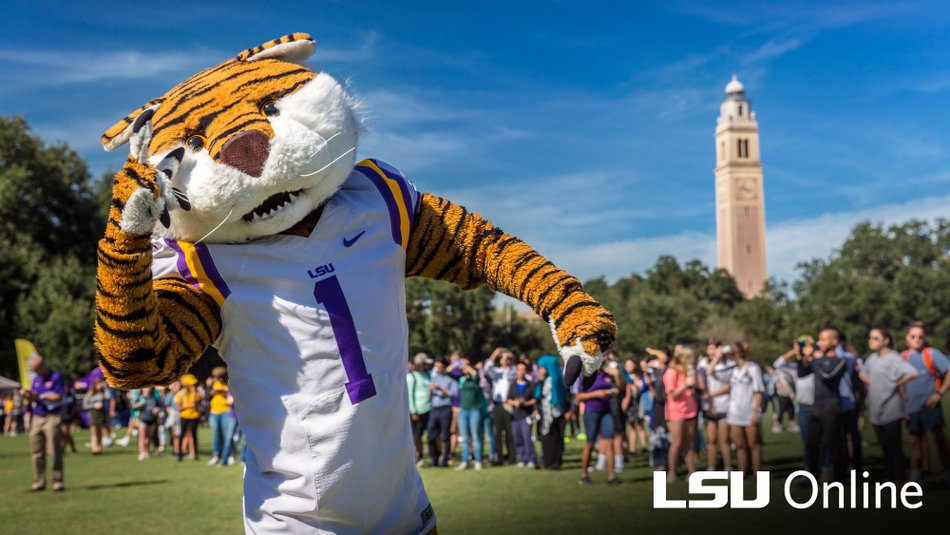 Mike the Tiger Mascot in front of the LSU A&M bell tower