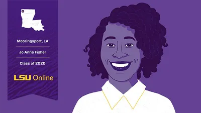 Graphic of student in purple and gold Mooringsport, LA Jo Anna Fisher Class of 2020