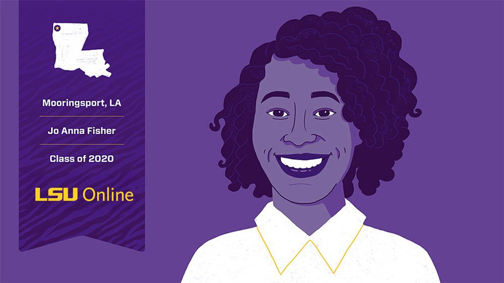 Graphic of student in purple and gold Mooringsport, LA Jo Anna Fisher Class of 2020