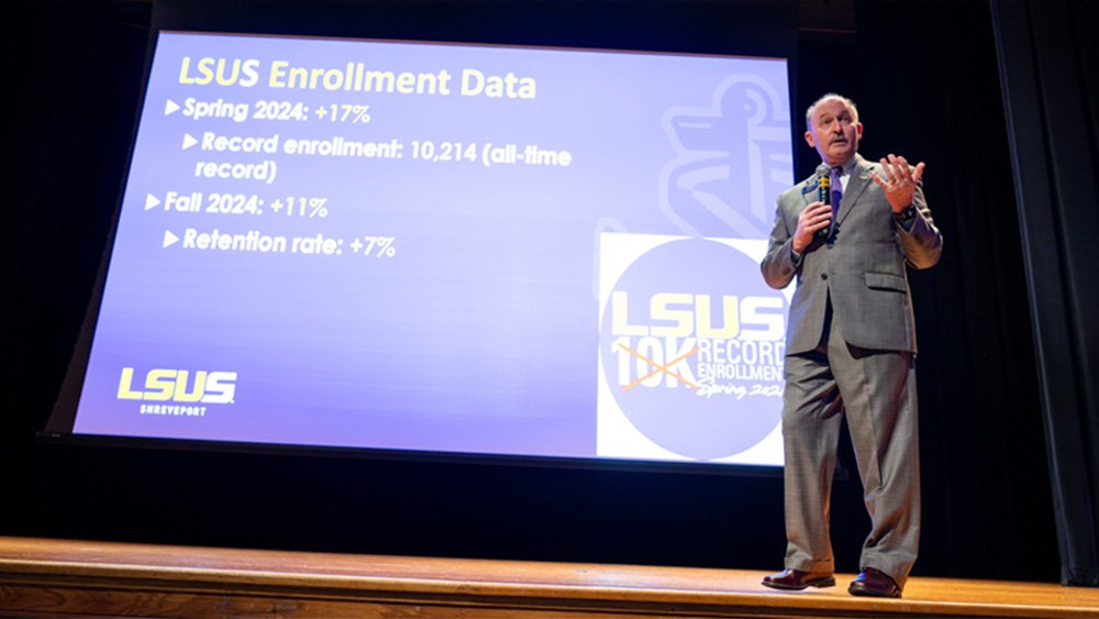 LSUS Chancellor Dr. Robert Smith addresses local and regional legislators as well as LSUS faculty and staff Tuesday at the annual Kemp Forum