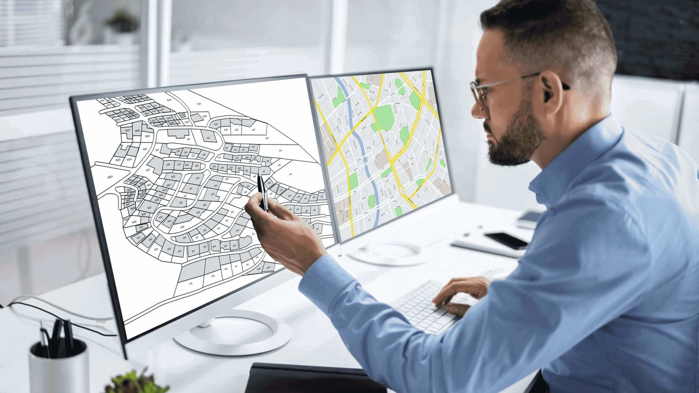 A professional analyzing digital maps on dual monitors