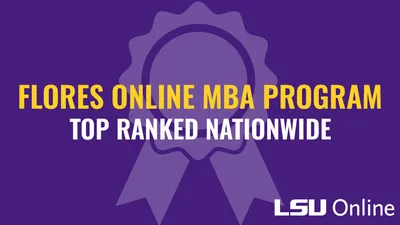 Graphic with text reading Flores Online MBA Program Top-Ranked Nationwide