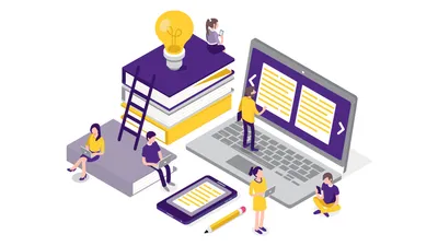 Cartoon image of people studying online