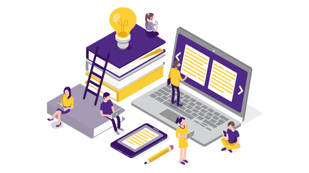 Cartoon image of people studying online