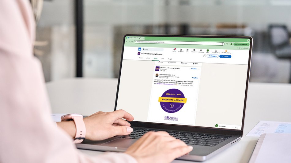 Laptop screen showing LinkedIn post about a Digital Badge