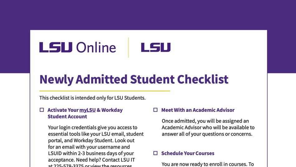 LSU Newly Admitted Student Checklist