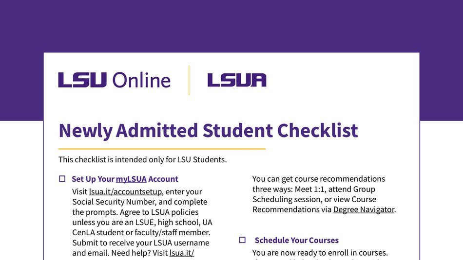 LSUA Newly Admitted Student Checklist