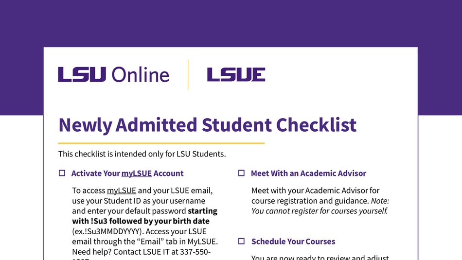 LSUE Newly Admitted Student Checklist