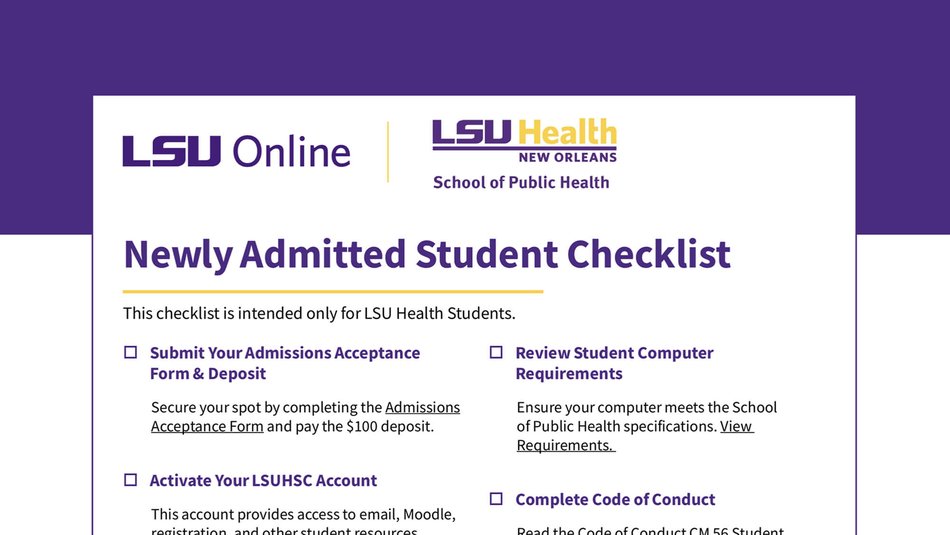 LSU Health New Orleans Newly Admitted Student Checklist