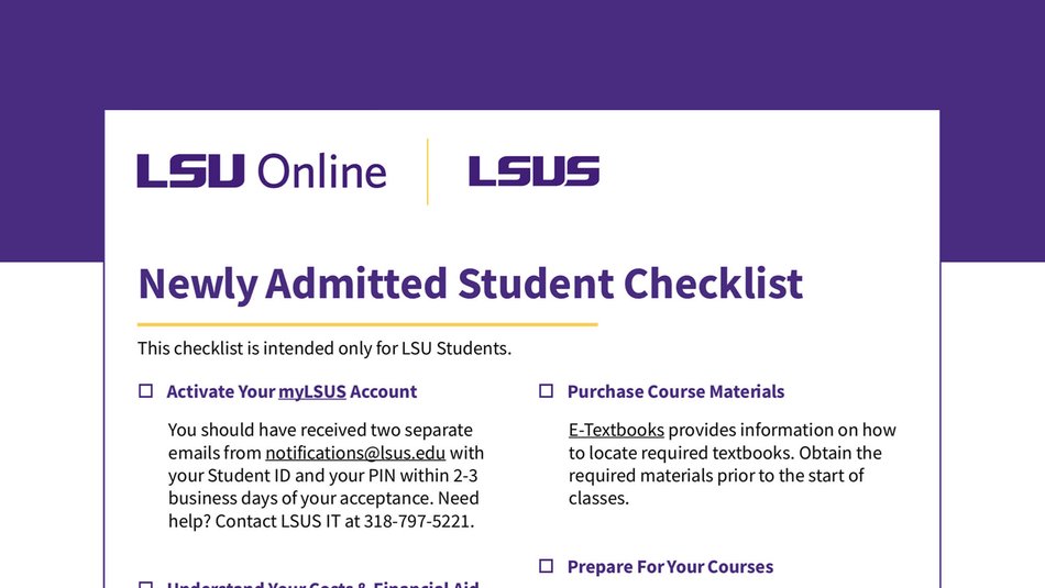 LSUS Newly Admitted Student Checklist